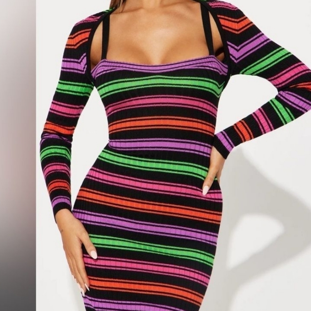 [NWT] Fashion Nova Kayla Stripe Sweater Midi Dress - Black/Combo - Size Medium